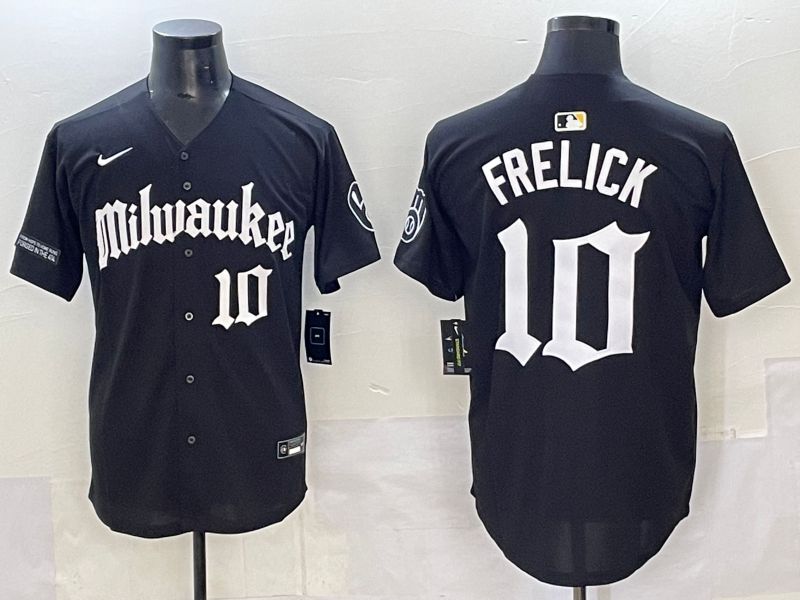 Men 2025 Milwaukee Brewers #10 Frelick Black Five generations Joint Name Nike MLB Jersey style 09->milwaukee brewers->MLB Jersey
